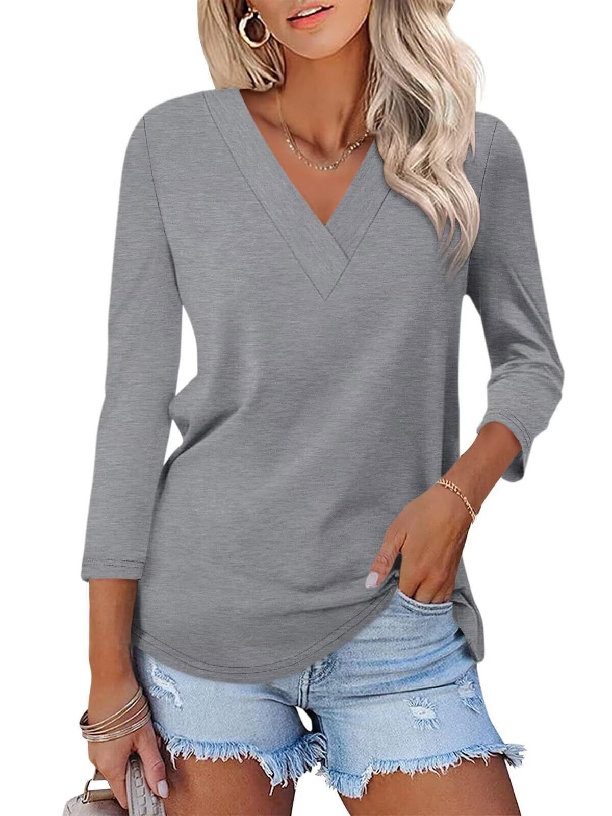 🔥Hot Sale🔥Women's 3/4 Length Sleeves V Neck Shirts Basic Tees(BUY 3 FREE SHIPPING)