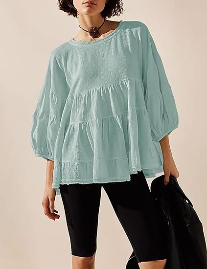 🔥HOT SALE🔥Women's Babydoll Shirts 3/4 Lantern Sleeve Peplum Tops Crewneck Loose Fit Oversized Round Neck Tunic Shirts(BUY 2 FREE SHIPPING)