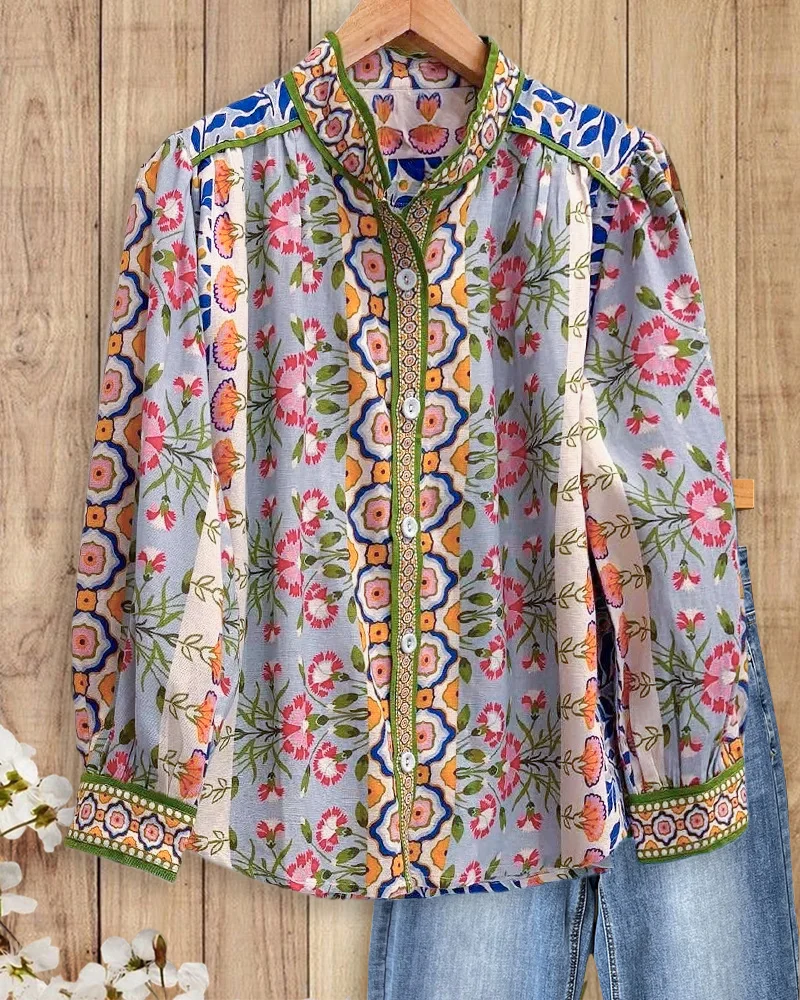 Mixed Floral Print Boho Button Up Blouse