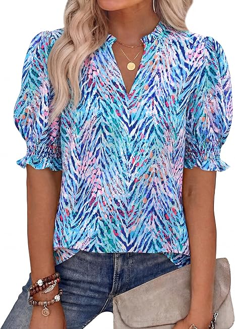 2026 New Floral Bohemian Style V-neck Puff Sleeve Short-sleeved Top(BUY 2 FREE SHIPPING)