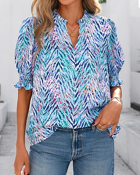 2026 New Floral Bohemian Style V-neck Puff Sleeve Short-sleeved Top(BUY 2 FREE SHIPPING)