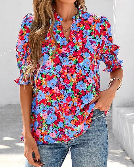 2026 New Floral Bohemian Style V-neck Puff Sleeve Short-sleeved Top(BUY 2 FREE SHIPPING)