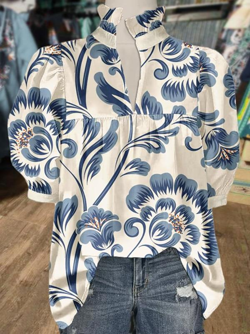 Floral Print V-Neck Geo Puff Sleeve Top(BUY 2 FREE SHIPPING)