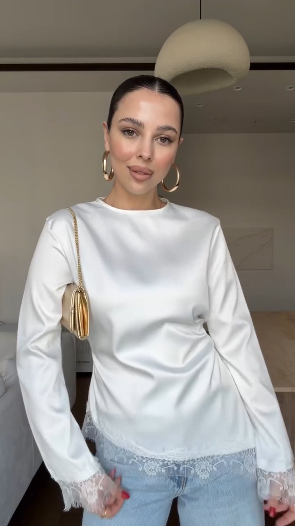 2026 New Round Neck Solid Color Long Sleeve Irregular Lace Hem Fitted Waist Top