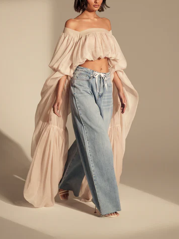 SLOUCHY SQUARE NECK LONG SLEEVE BLOUSE TOP