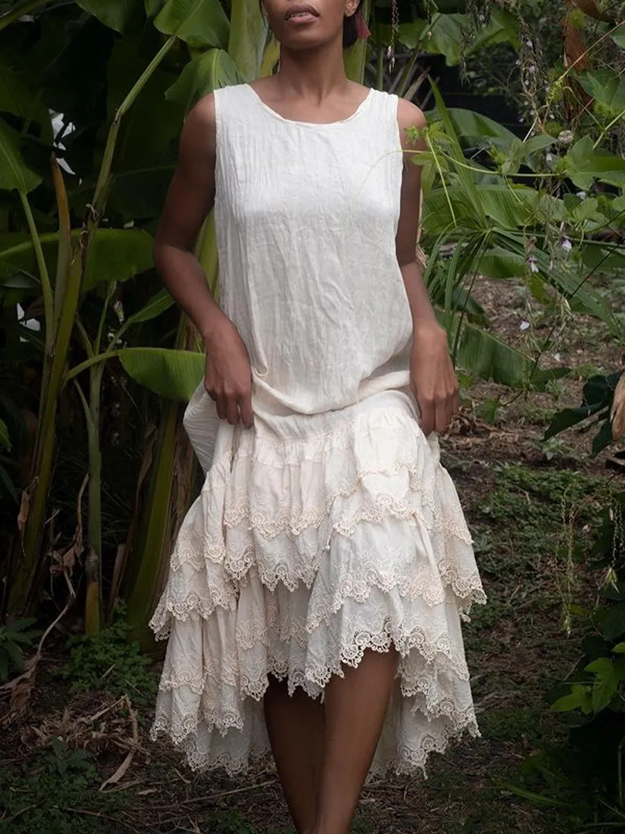 LACE DECORATION SLEEVELESS SOLID COLOR DRESS