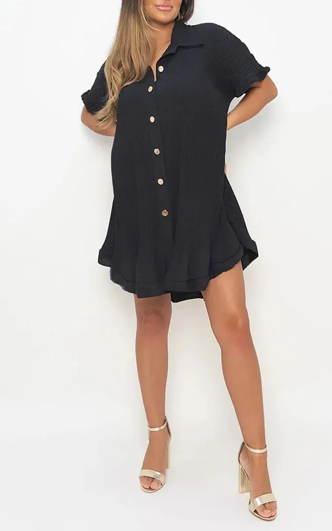 🔥🔥🔥🔥2024 STRETCH FANCY RIB BUTTON DOWN OVERSIZED RUFFLE SHORT SLEEVE MINI DRESS(BUY 2 FREE SHIPPING)