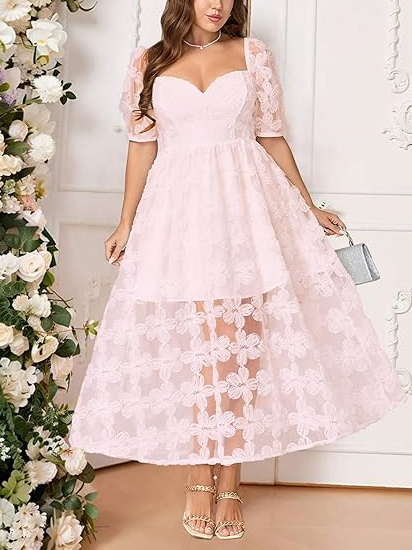 Women's Floral Embroidered Sweetheart Neck Midi Dress