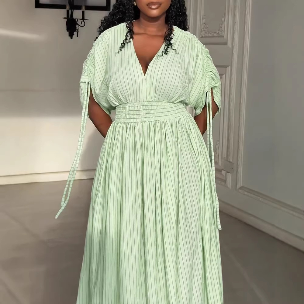 Women's Striped V-Neck Smocked Waist Maxi Dress