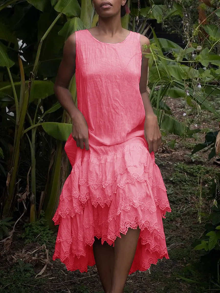 LACE DECORATION SLEEVELESS SOLID COLOR DRESS