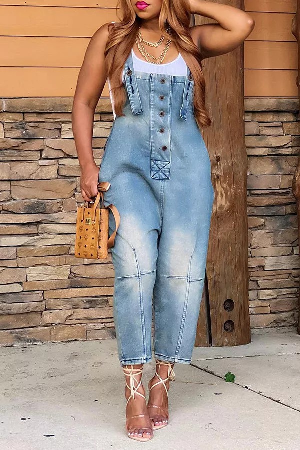 Fashion Casual Designer Style Denim Suspender Jumpsuit