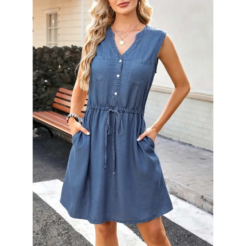 Women's 2026 Summer V-neck Sleeveless Buttoned Drawstring Dress（buy 2 free shipping）
