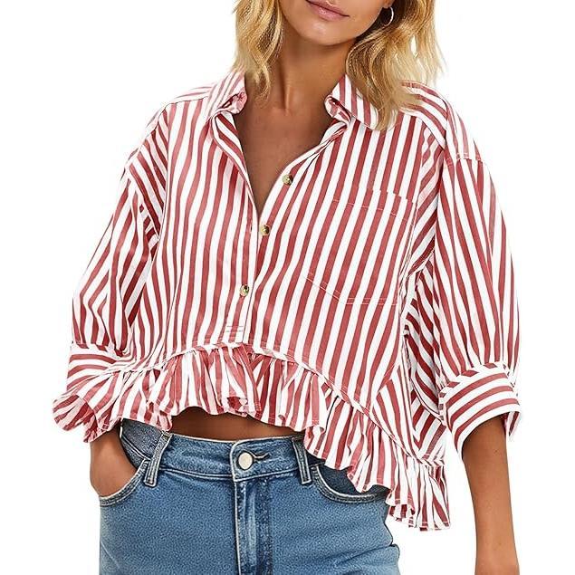 Women’s Cropped Striped Button Down Shirts Ruffle 3/4 Length Sleeve Summer Tops Dressy Casual Blouses(BUY 2 FREE SHIPPING)