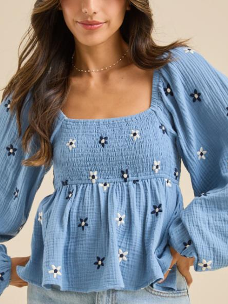 Lantern sleeve embroidered loose top(BUY 2 FREE SHIPPING)