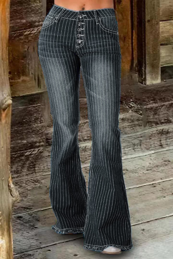 🔥🔥🔥🔥Striped Button Fly Raw Hem Flare Jeans
