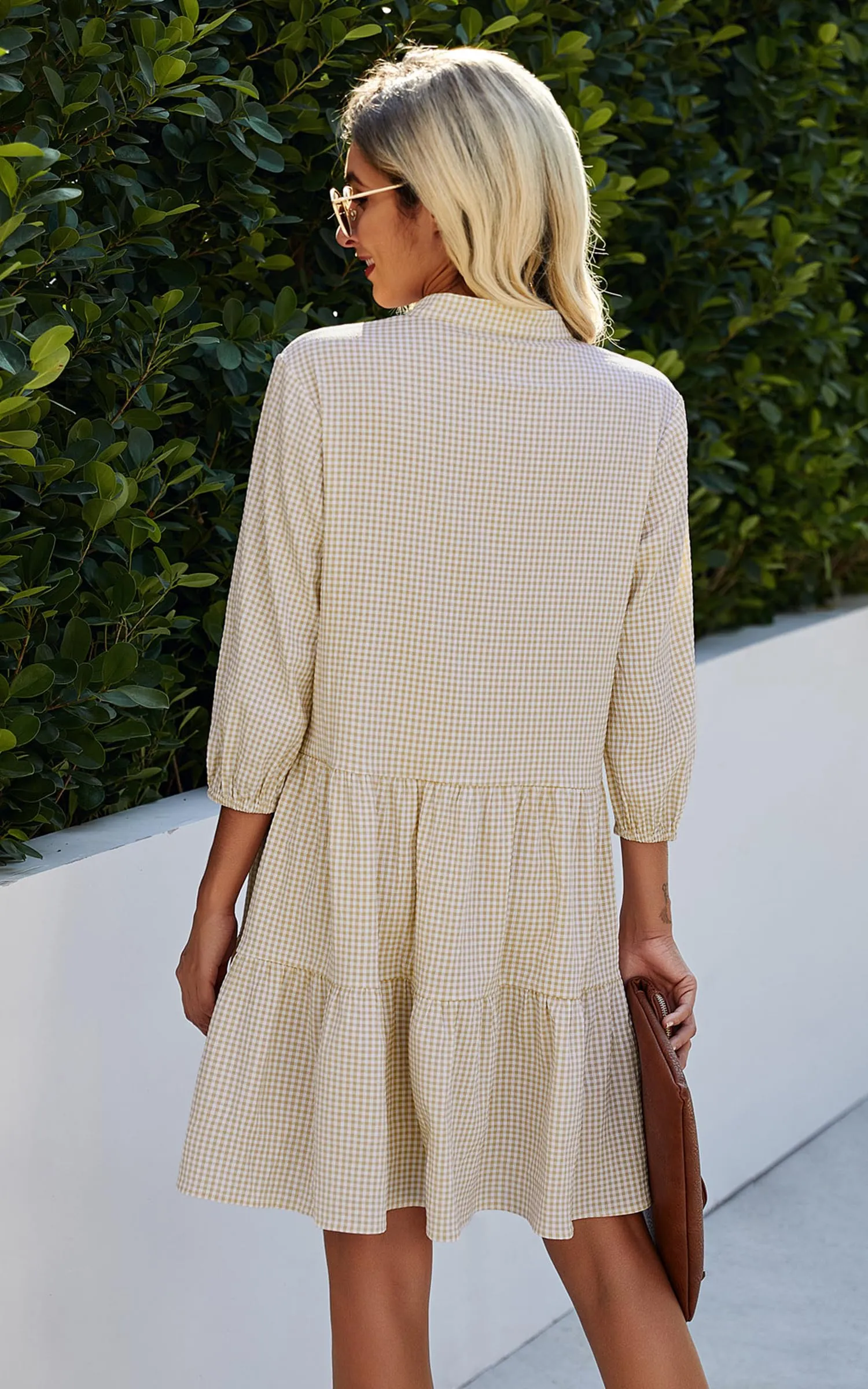 Women's Button Down 3/4 Sleeve Gingham Shirt Dress