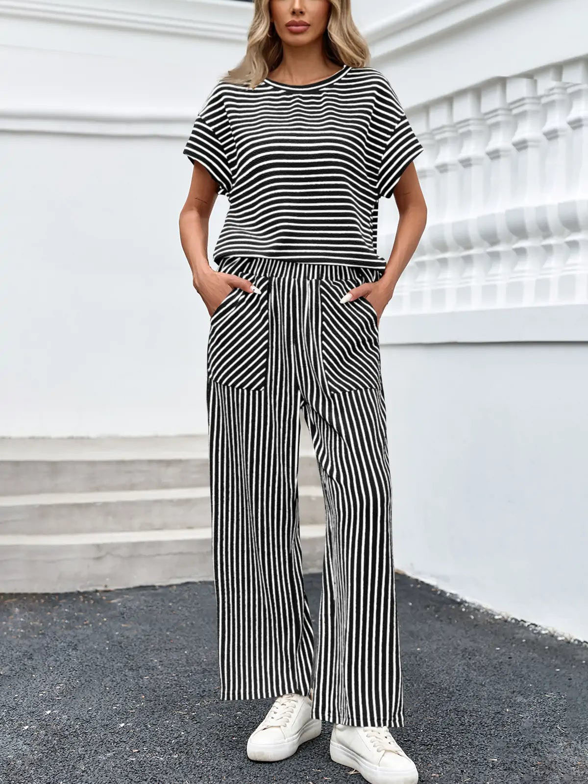 Striped Short Sleeve T-Shirts Wide Leg Pants Two Piece Set (Buy 2 Free Shipping)