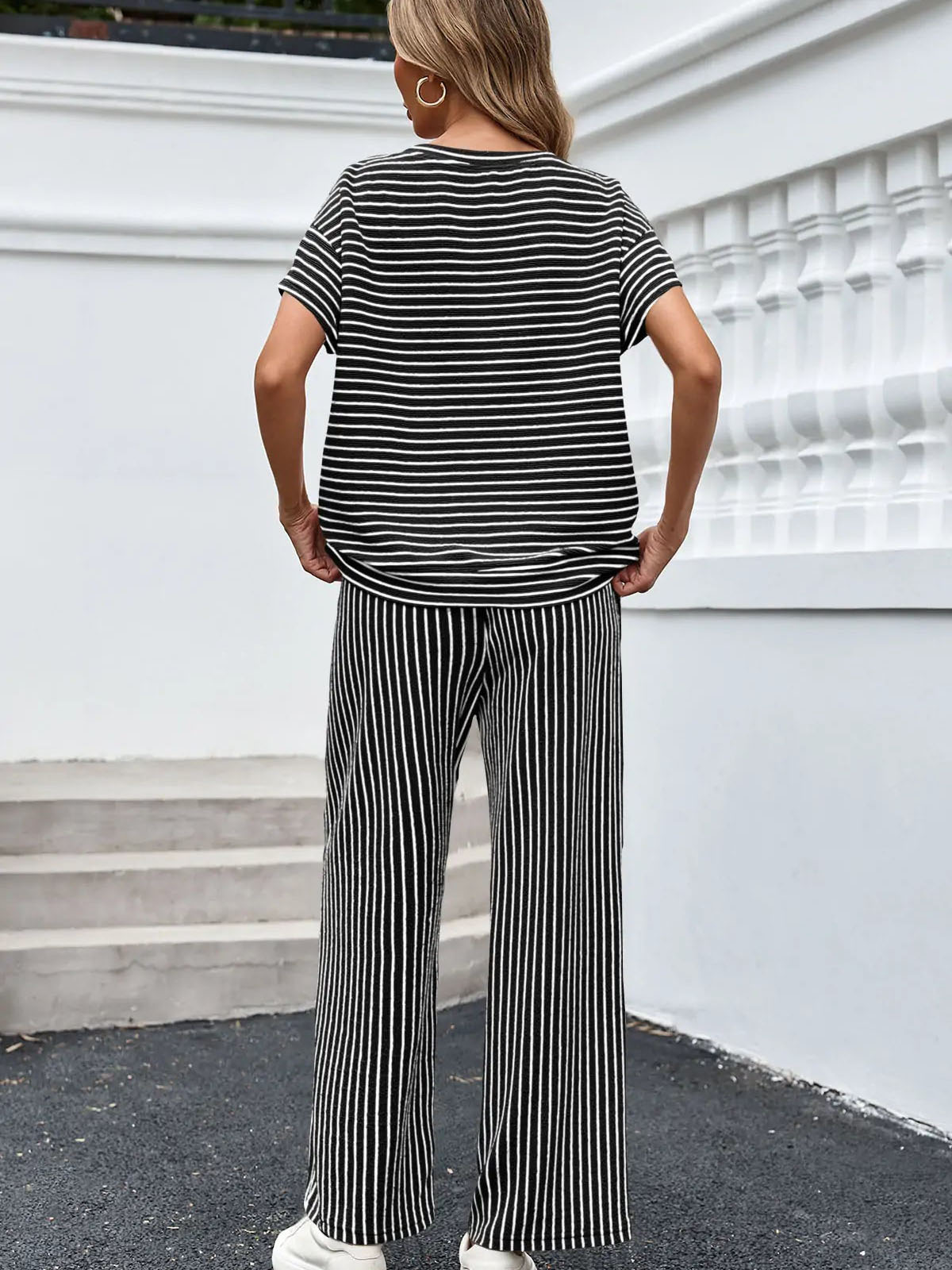 Striped Short Sleeve T-Shirts Wide Leg Pants Two Piece Set (Buy 2 Free Shipping)