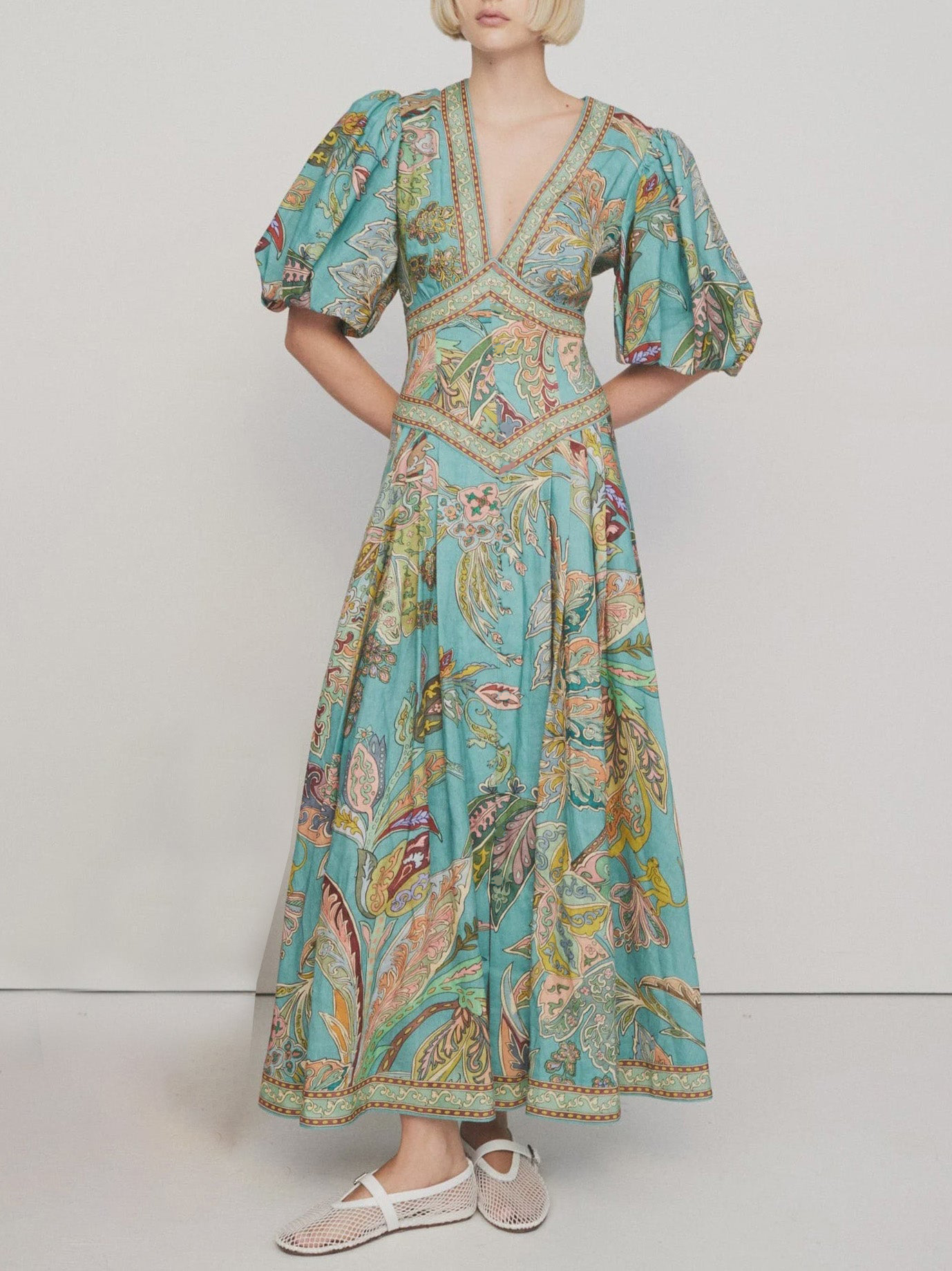 🔥🔥🔥🔥Unique Satin Vintage Floral Print Puff Sleeve Midi Dress