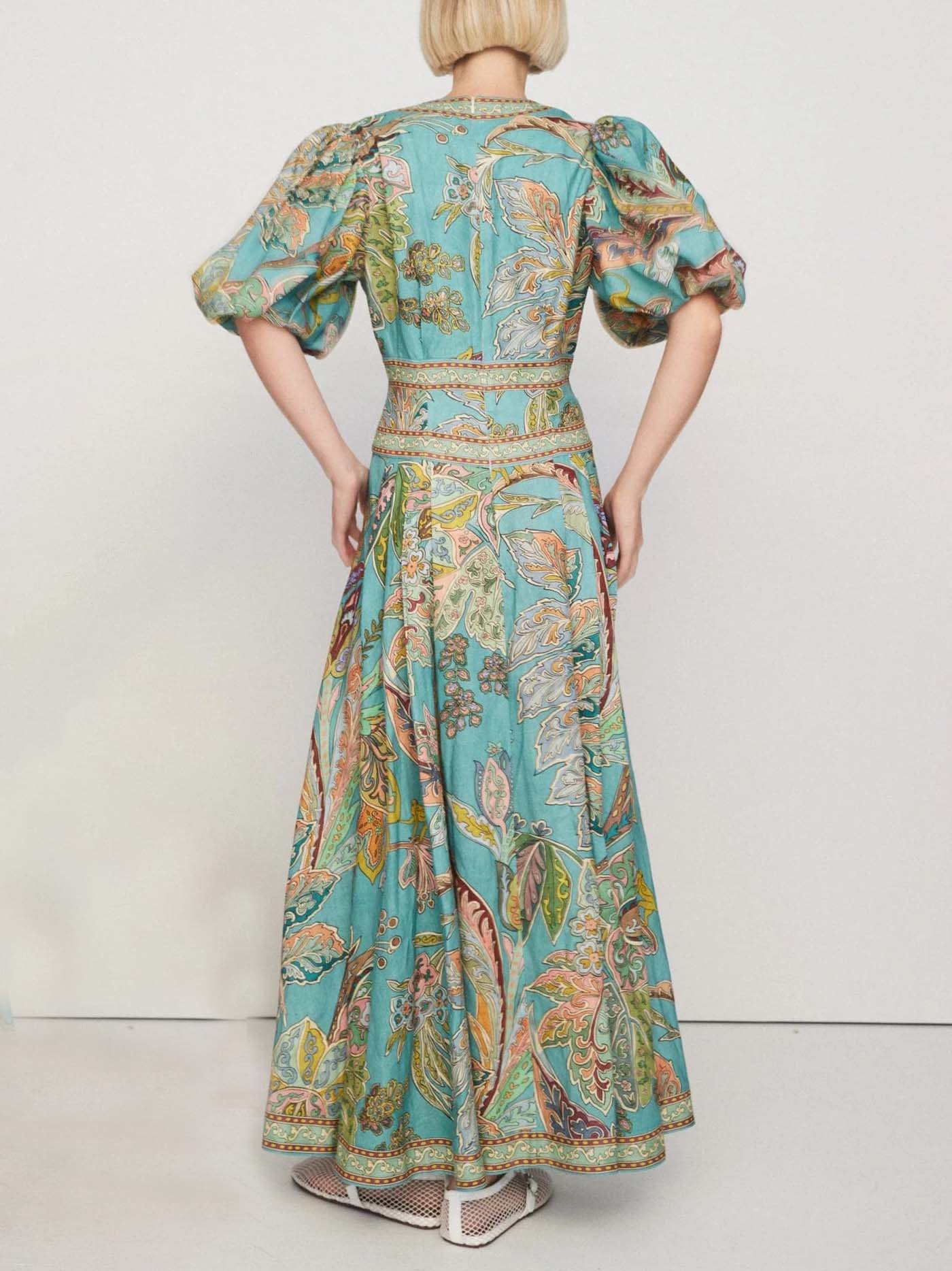 🔥🔥🔥🔥Unique Satin Vintage Floral Print Puff Sleeve Midi Dress