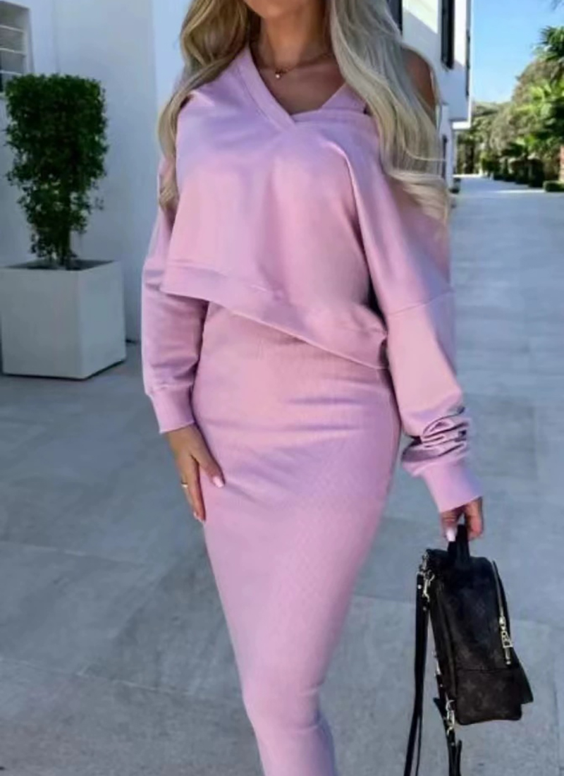 Women's Two Piece Skirt Suit Long Sleeve Fashion V Neck Off Shoulder Knit Tunic Top Loose High Waist Dress Set(BUY 2 FREE SHIPPING)