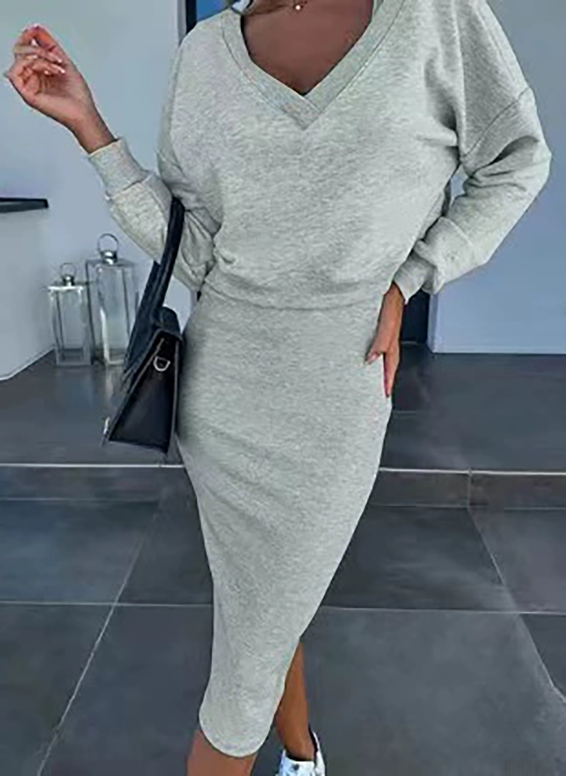 Women's Two Piece Skirt Suit Long Sleeve Fashion V Neck Off Shoulder Knit Tunic Top Loose High Waist Dress Set(BUY 2 FREE SHIPPING)