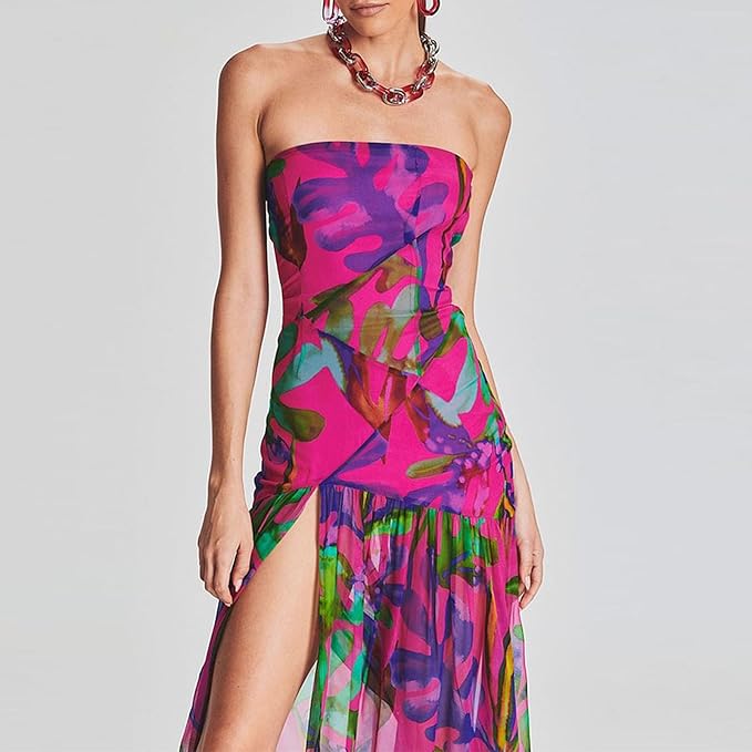 Women's tube top dress slim fit strapless backless high slit long dress