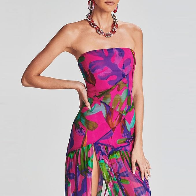 Women's tube top dress slim fit strapless backless high slit long dress