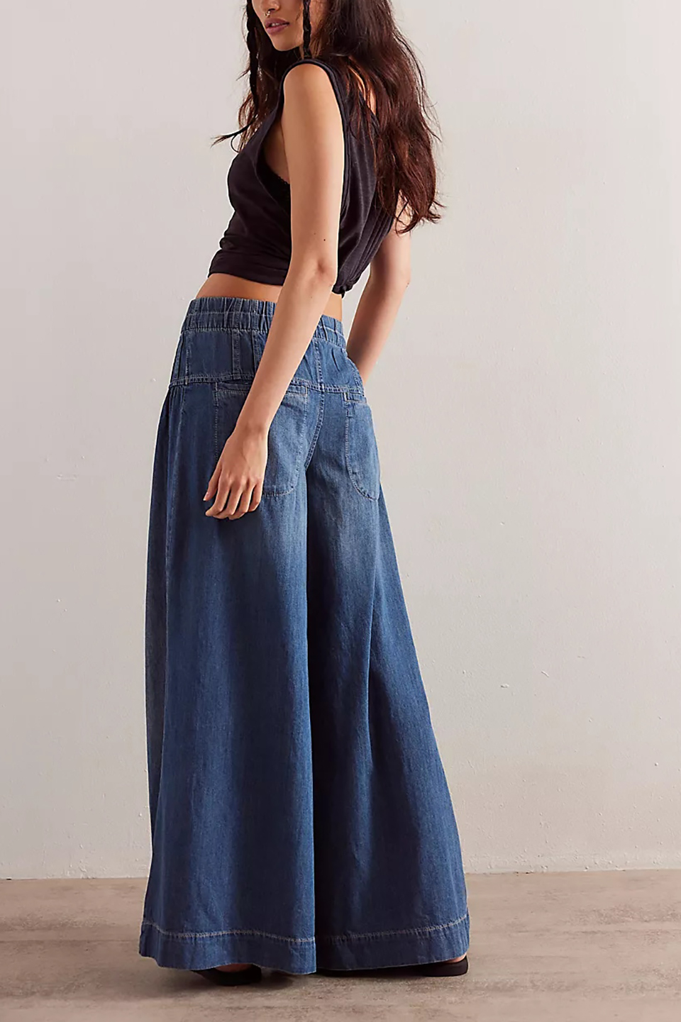 Womens Mid Rise Wide Leg Jeans Elastic Drawstring Loose Ruffle Pleated Denim Pants Y2k Baggy Boyfriend Jeans