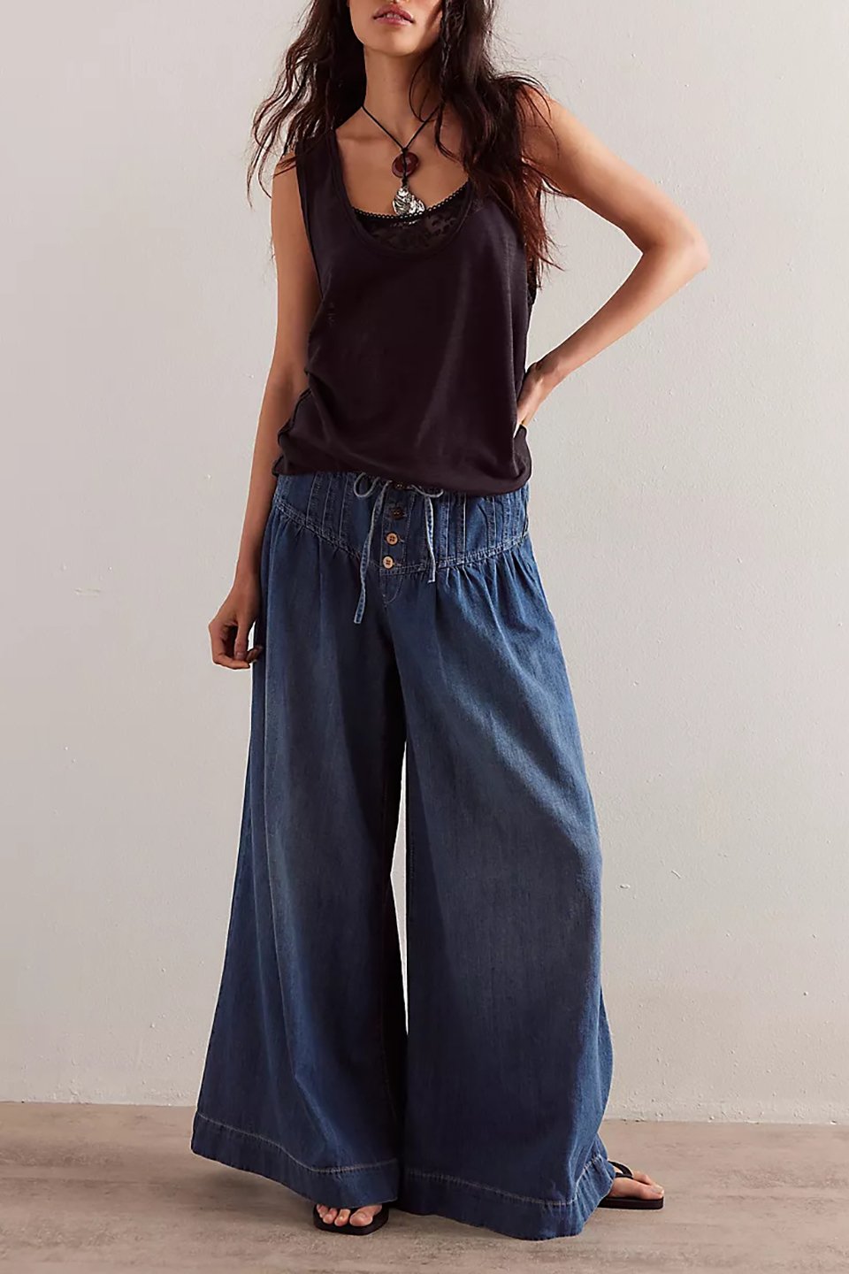 Womens Mid Rise Wide Leg Jeans Elastic Drawstring Loose Ruffle Pleated Denim Pants Y2k Baggy Boyfriend Jeans