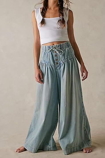 Womens Mid Rise Wide Leg Jeans Elastic Drawstring Loose Ruffle Pleated Denim Pants Y2k Baggy Boyfriend Jeans