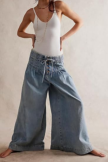 Womens Mid Rise Wide Leg Jeans Elastic Drawstring Loose Ruffle Pleated Denim Pants Y2k Baggy Boyfriend Jeans