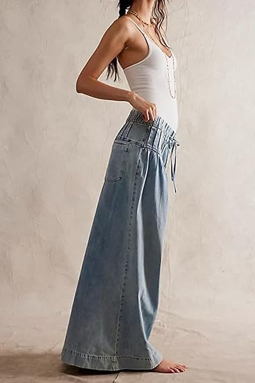 Womens Mid Rise Wide Leg Jeans Elastic Drawstring Loose Ruffle Pleated Denim Pants Y2k Baggy Boyfriend Jeans