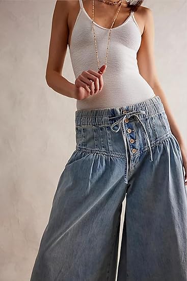 Womens Mid Rise Wide Leg Jeans Elastic Drawstring Loose Ruffle Pleated Denim Pants Y2k Baggy Boyfriend Jeans