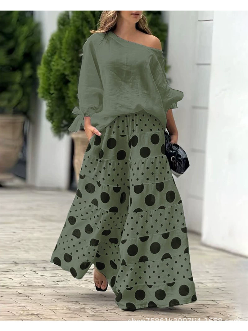 One-shoulder tie batwing sleeve tunic with wide-leg high-waist polka dot trousers two-piece set（BUY 2 FREE SHIPPING)