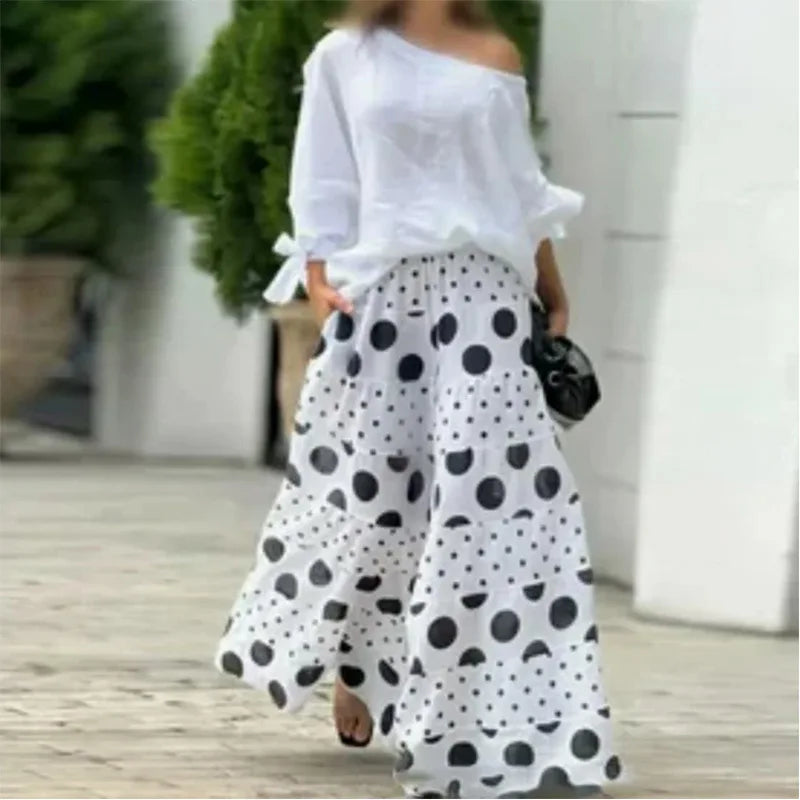 One-shoulder tie batwing sleeve tunic with wide-leg high-waist polka dot trousers two-piece set（BUY 2 FREE SHIPPING)