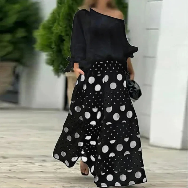 One-shoulder tie batwing sleeve tunic with wide-leg high-waist polka dot trousers two-piece set（BUY 2 FREE SHIPPING)