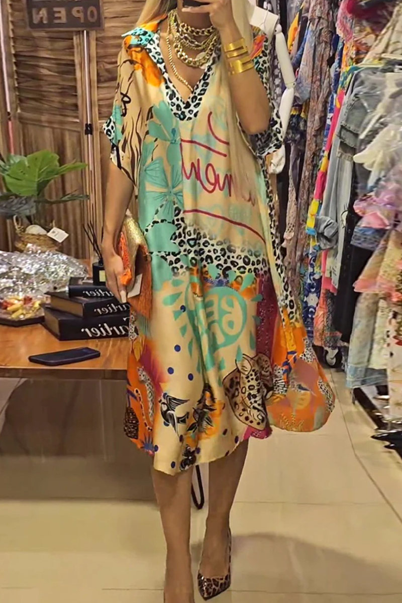 Casual Street Letters Leopard Irregular V Neck A Line Short Sleeve Dress（BUY 2 FREE SHIPPING)