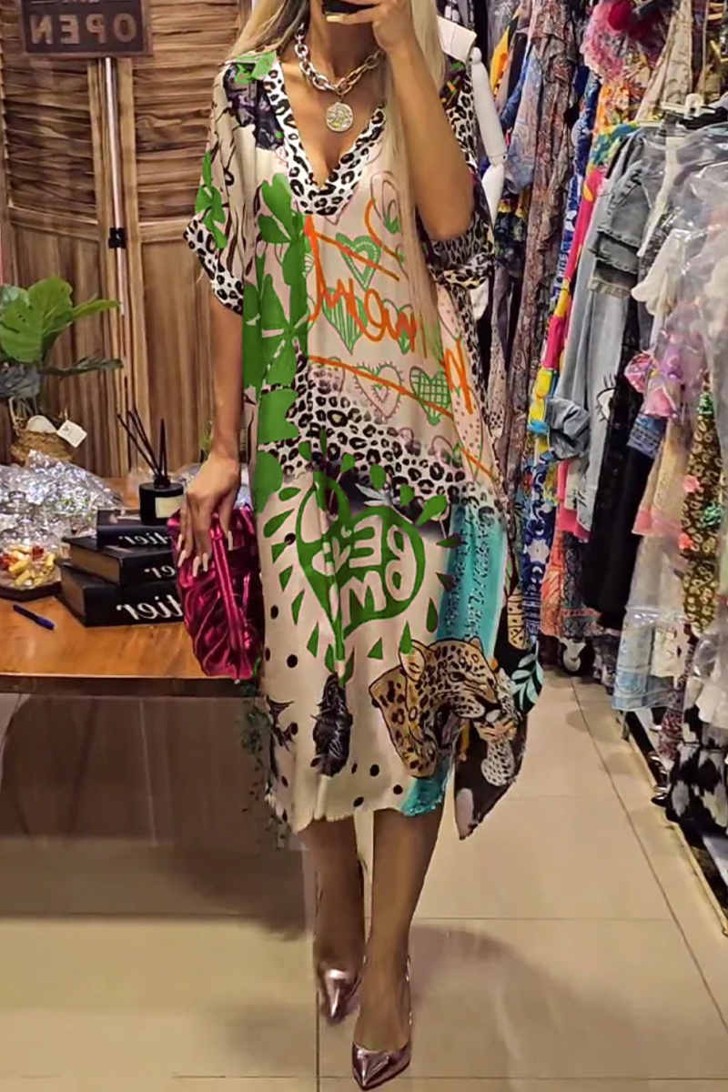 Casual Street Letters Leopard Irregular V Neck A Line Short Sleeve Dress（BUY 2 FREE SHIPPING)