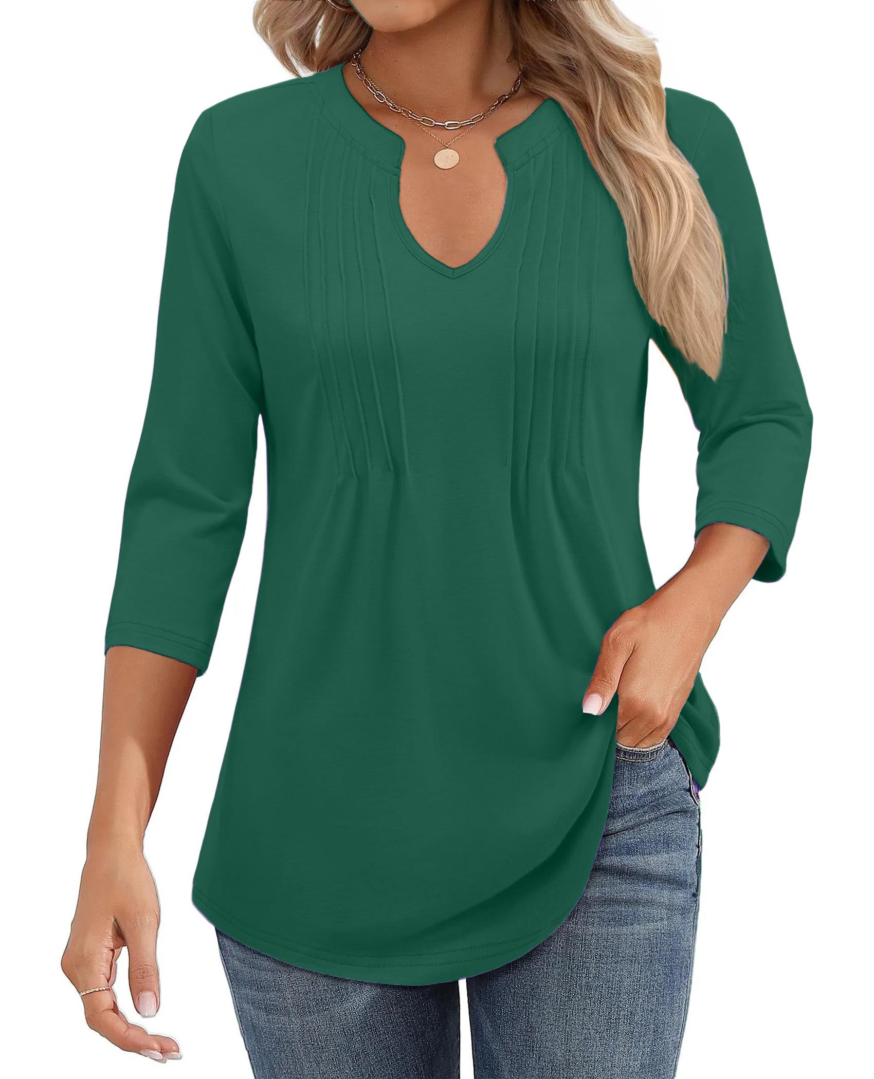 Womens Casual 3/4 Sleeve Pleated Tunic Blouse (BUY 3 FREE SHIPPING)