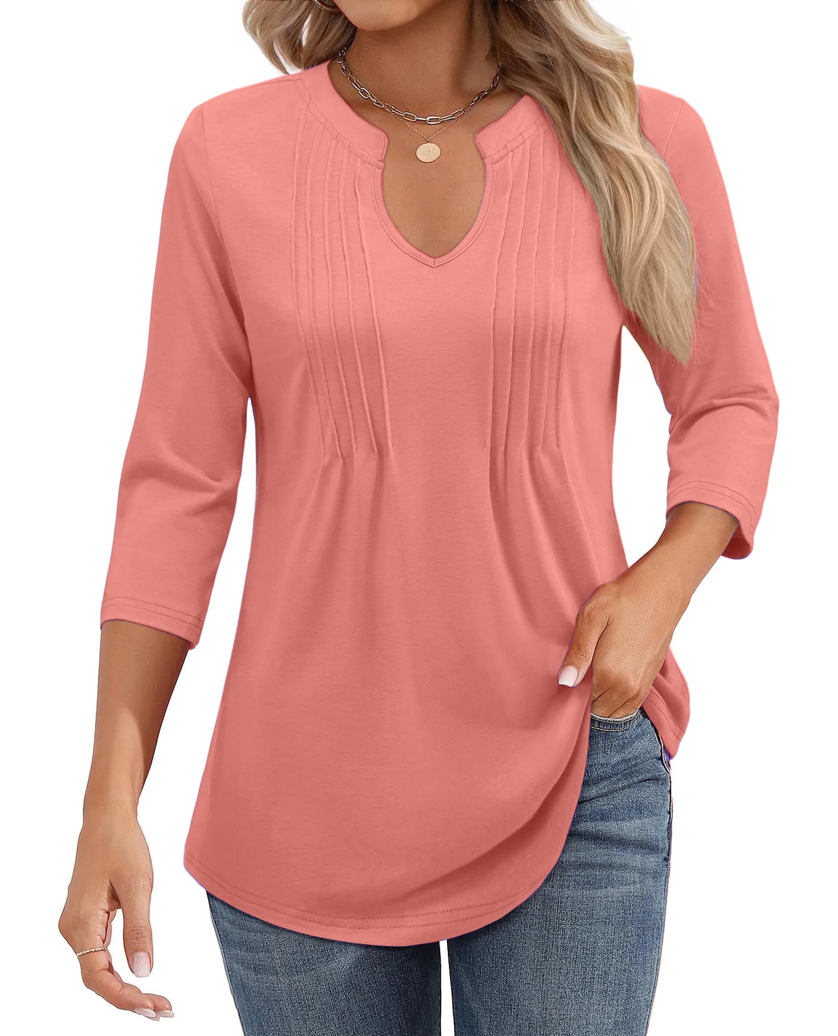 Womens Casual 3/4 Sleeve Pleated Tunic Blouse (BUY 3 FREE SHIPPING)