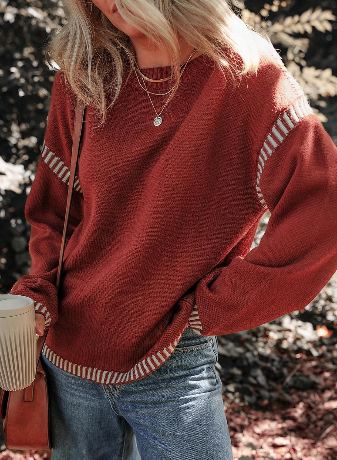 Cozy Contrast Trim Crewneck Sweater