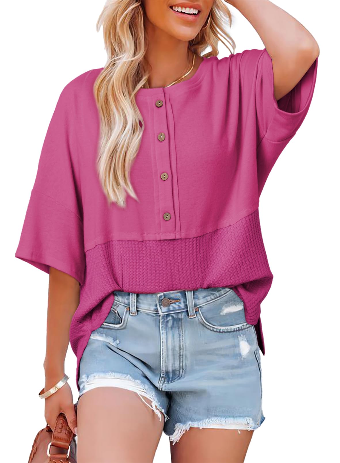 New Women's 3/4 Sleeve Casual Button Down Waffle Knit Tops(BUY 2 FREE SHIPPING)