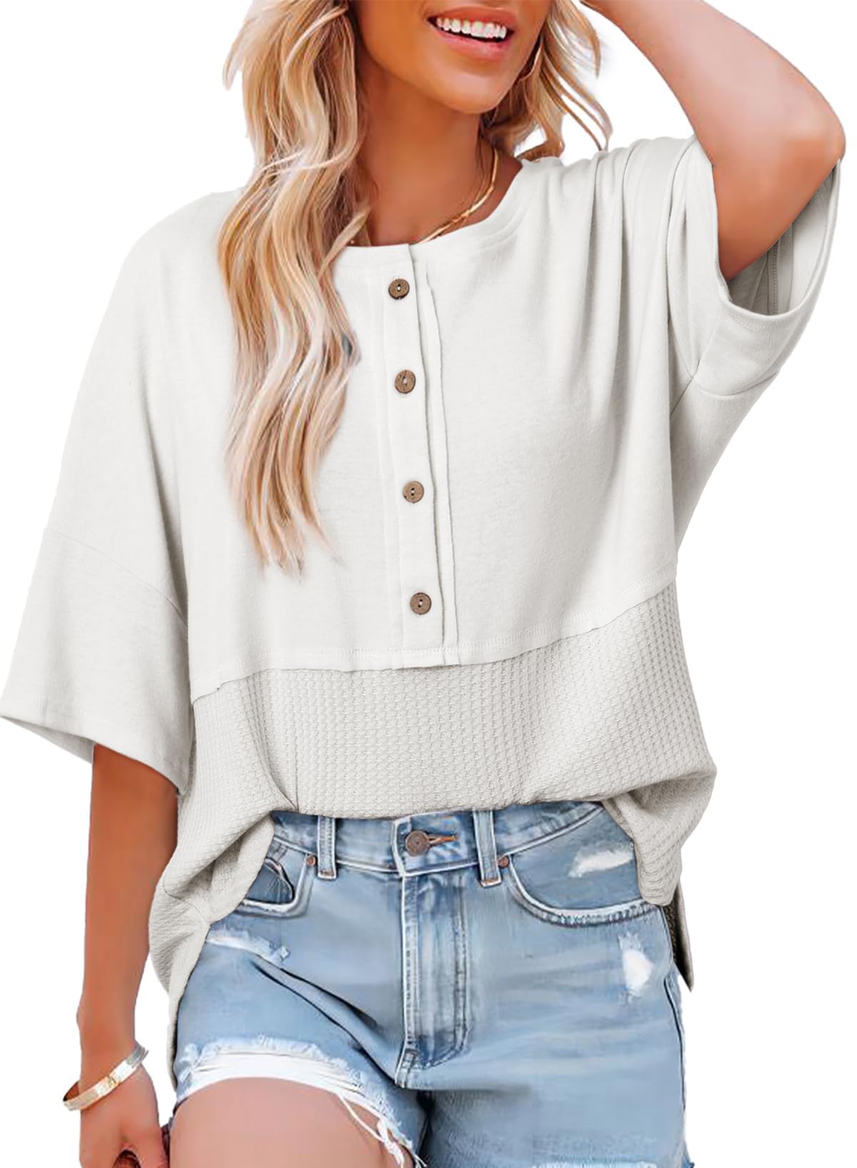 New Women's 3/4 Sleeve Casual Button Down Waffle Knit Tops(BUY 2 FREE SHIPPING)