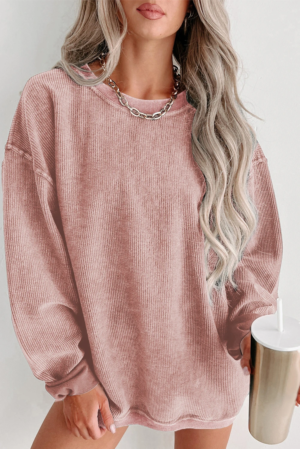 Women's Solid Color Ribbed Knit Round Neck Pullover Sweatshirt (Buy 2 Free Shipping)