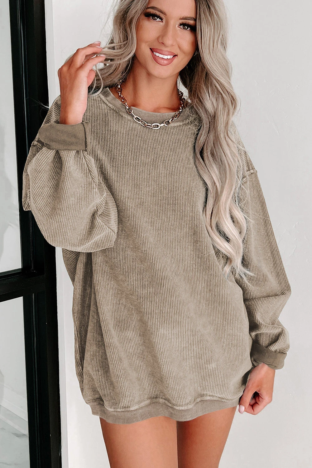 Women's Solid Color Ribbed Knit Round Neck Pullover Sweatshirt (Buy 2 Free Shipping)