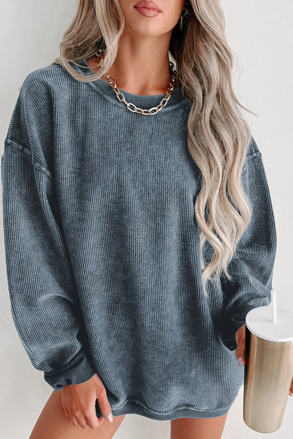 Women's Solid Color Ribbed Knit Round Neck Pullover Sweatshirt (Buy 2 Free Shipping)