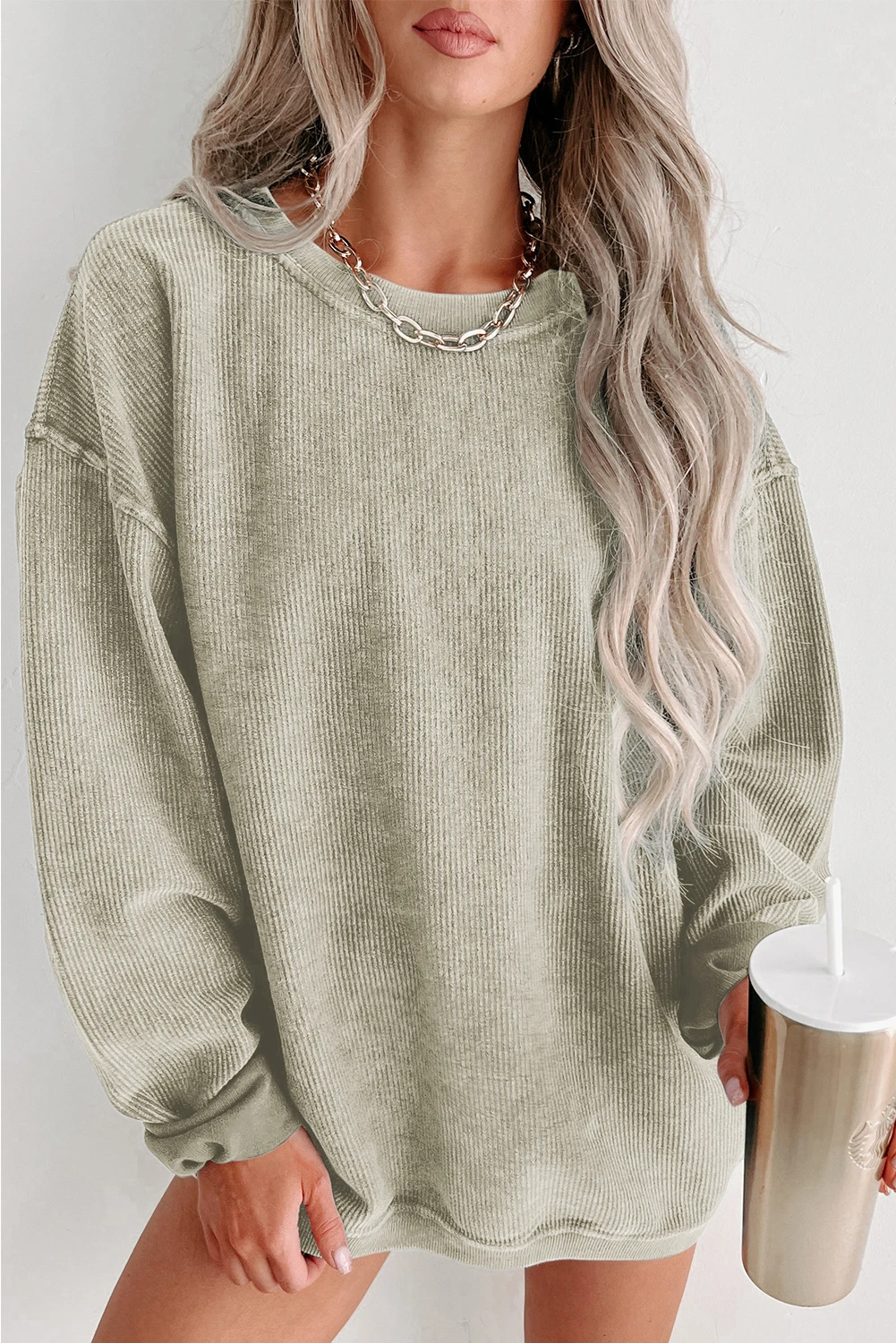 Women's Solid Color Ribbed Knit Round Neck Pullover Sweatshirt (Buy 2 Free Shipping)