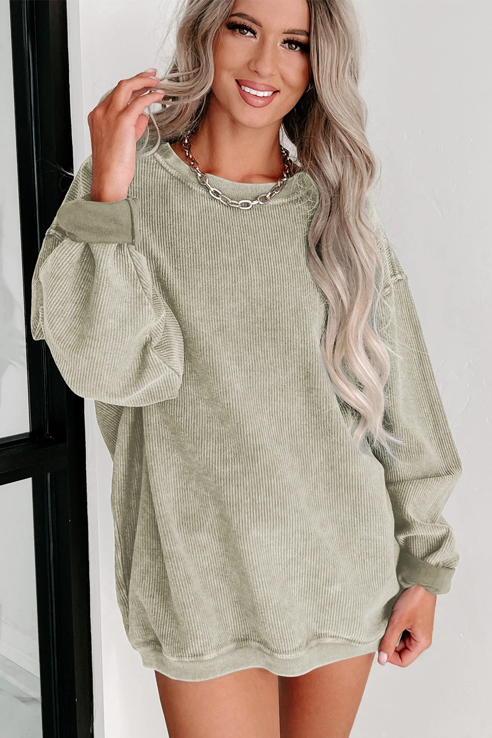 Women's Solid Color Ribbed Knit Round Neck Pullover Sweatshirt (Buy 2 Free Shipping)