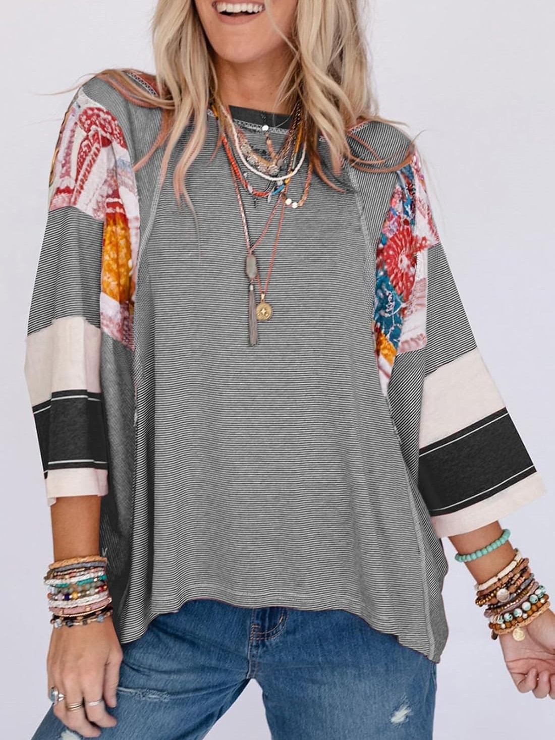 WOMEN'S CASUAL STRIPED FLORAL PRINT PATCHWORK OVERSIZED 3/4 SLEEVE TOP(Buy 2 Free Shipping)
